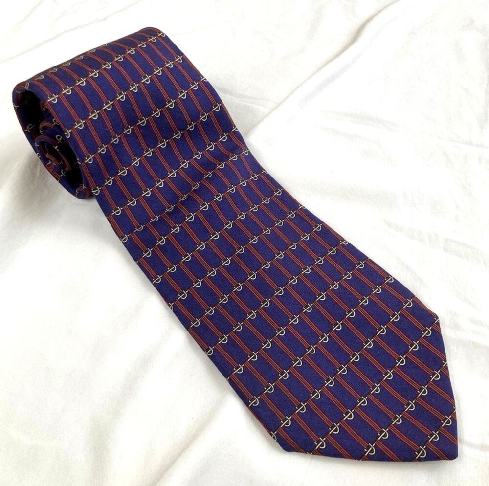 Vintage Robert Talbott Navy Blue Silk Wide Equestrian Buckle Print Tie Preppy